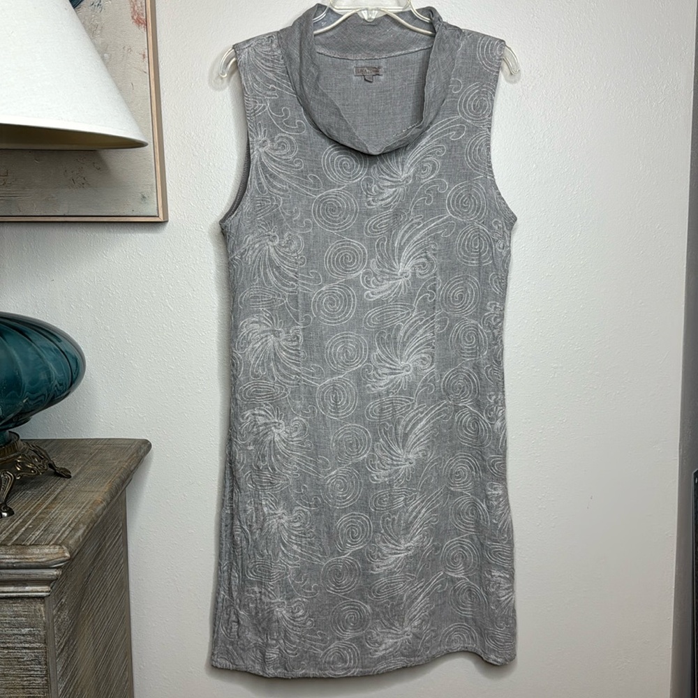Lina Tomei Grey Linen Cowlneck Dress with Embrodiery‎ and pockets - Large